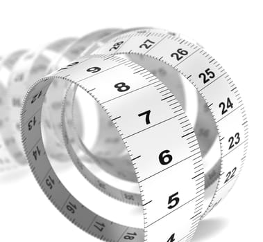 Close up of a plastic tape measure over white background, decorative design element for bottom left angle of a page. Dieting concept.