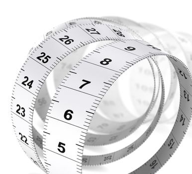 Close up of a tape measure over white background, decorative design element for bottom right angle of a page. Dieting or weight care concept.