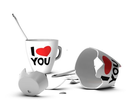 Broken mug with I love you printed on it symbol of domestic violence or end of love