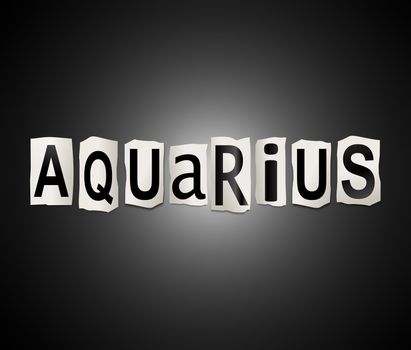 Illustration depicting a set of cut out printed letters arranged to form the word aquarius.