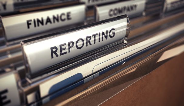 Close up on a file tab with the word reporting, focus on the main text and blur effect. Concept image for illustration of business report.