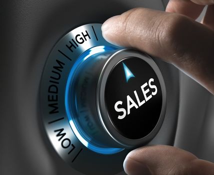 Sales button pointing the highest position with two fingers, blue and grey tones, Conceptual image for sales strategyor performance