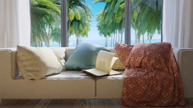 vacation concept background with interior elements and open book