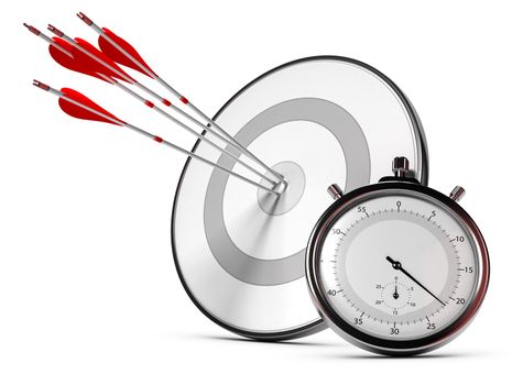 Four arrows hitting the center of a grey target plus a stopwatch, Illustration of SMART objectives or measurable goals.