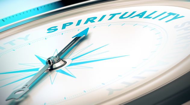 Compass with needle pointing the word spirituality. Conceptual 3D render image with depth of field blur effect for illustration of search of spiritual life. 