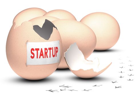 Business incubator concept. 3D render over white background. Five eggs plus one open, with bird footprint on the floor with the word startup written on a paper.