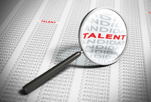 Magnifier with focus on the word talent with many words candidates around it. Blur effect concept of recruitment.