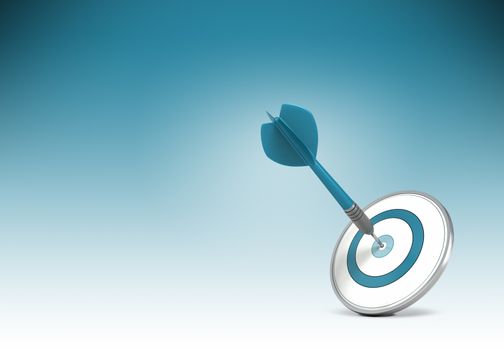 One dart hitting the center of a target over gradiant background from blue to white. Concept illustration of setting business goals or objectives and achieve it.