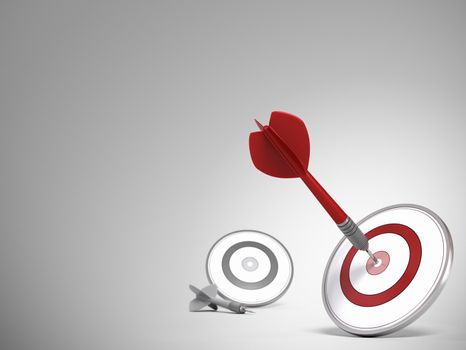 Two targets and one dart hitting the center of the red one, room for text on the left and top of the image. Illustration for a success concept or achieving performance.