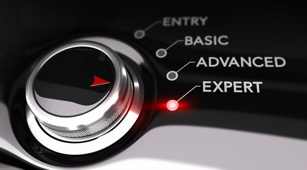 Switch button positioned on the word expert, black background and red light. Conceptual image for illustration of training or expertise level.