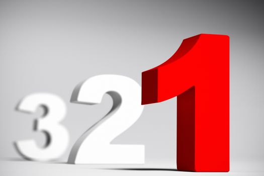 Numbers three two and red one over a grey background with depth of field effect. 3D render with depth of field effect 