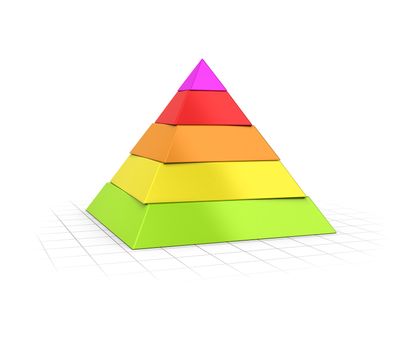 Conceptual 3D render of a Five layers pyramid over perspective background. 