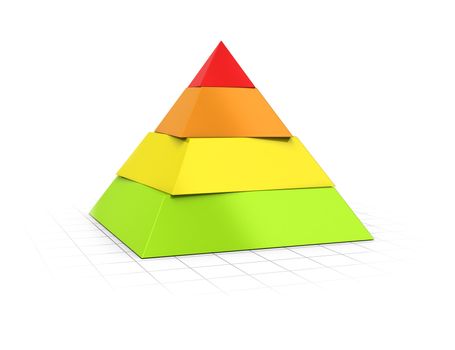 Conceptual 3D render of a four layers pyramid over perspective background. 