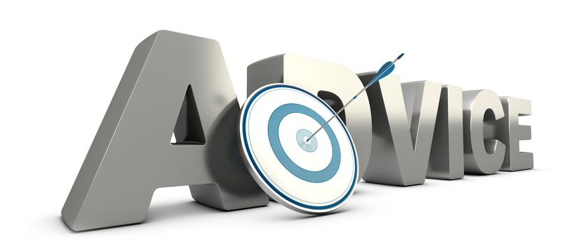 Word advice in 3D with a blue target and a arrow hitting the center. Consulting concept