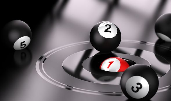 Conceptual 3D render image with depth of field blur effect. Red ball with the number one in the center of bullseye with black balls around the target.