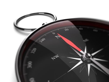 Close up of a compass with needle pointing the north direction. 3D render image suitable for guidance concept