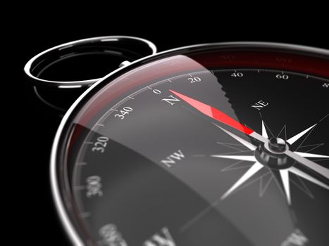 Close up of a compass with needle pointing the north, image over black background decorative element for the bottom right of a page. Concept for advice or assistance.