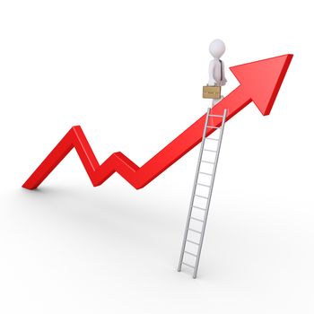 Businessman is standing on a rising graph with a ladder on it