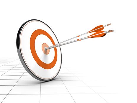 Advice or business competition concept. One target and three arrows achieving their objectives. Perspective background and orange color