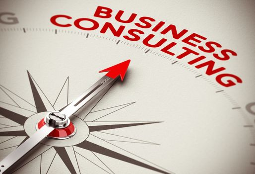 Realistic concept of strategic business. Compass needle pointing the red word business consulting over a paper background