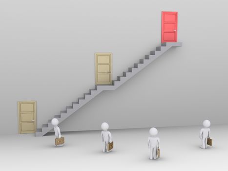 Businessmen are looking up at staircase with three doors