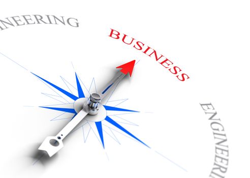 Arrow of a compass pointing the word business. Concept image suitable for professional guidance or school orientation. 3D render with depth of field effect 