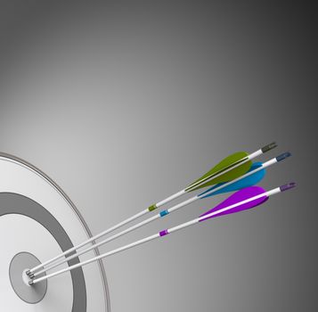 Three arrows hiting the center of a grey target with high precision. Concept image suitable for business purpose of conceptual representation of achieving excellence.