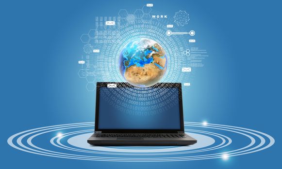 Black laptop with earth globe on blue background