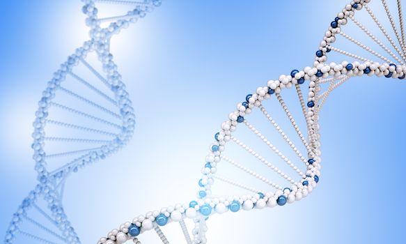 DNA molecule on blue background, close up view