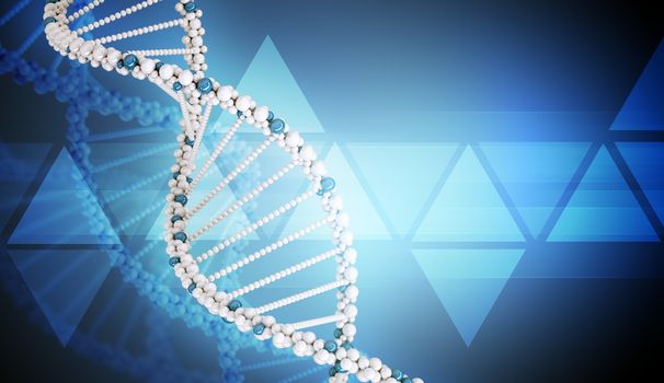 DNA molecule on dark blue background, abstract background, close up view