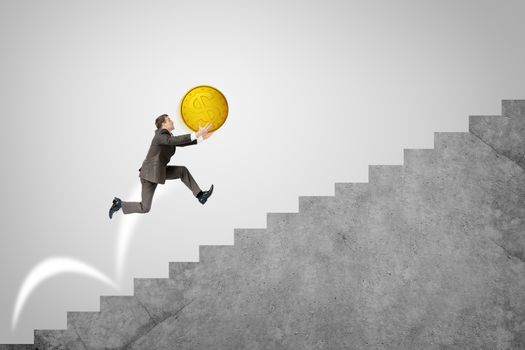 Businessman with big gold coin running fast up stairs