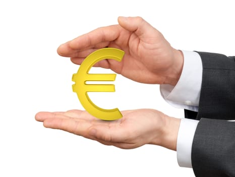 Male hands holding euro sign on isolated white background