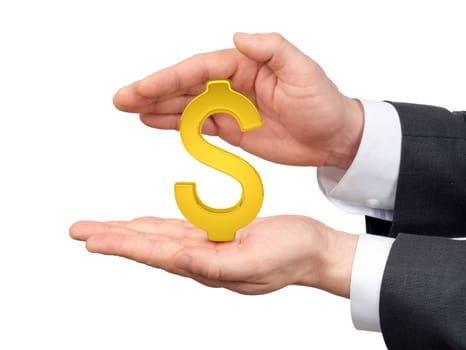Male hands holding dollar sign on isolated white background