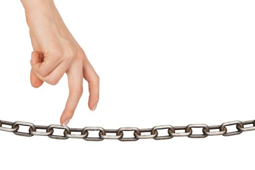 Womans fingers walking on chain on isolated white background