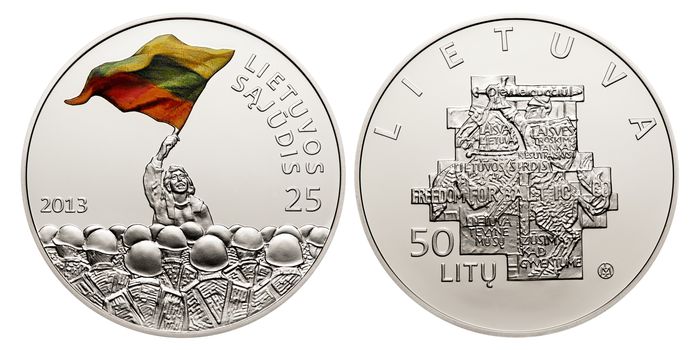 LITHUANIA, 2013: 50 litas coin dedicated to the 25th anniversary of the establishment of the Lithuanian Sajudis