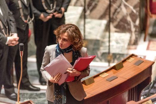 FRANCE, Paris : French Culture Minister Audrey Azoulay attends a session of questions to the government on March 15, 2016 at the National Assembly in Paris.