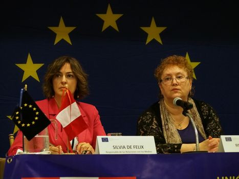 PERU, Lima : Romanian jurist Renate Weber, head of the European Union's Electoral Observation Mission to Peru, and press officer Silvia de Felix participate in a press conference on March 15, 2016, upon the mission's arrival in Lima, in advance of the April 10 general election. Weber expressed the mission's concern over the exclusion of presidential candidates at only a few weeks from the election. 