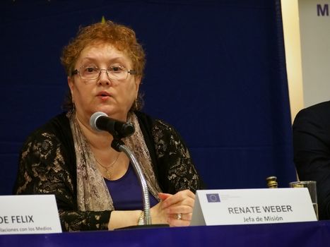 PERU, Lima : Romanian jurist Renate Weber, head of the European Union's Electoral Observation Mission to Peru, participates in a press conference on March 15, 2016, upon the mission's arrival in Lima, in advance of the April 10 general election. Weber expressed the mission's concern over the exclusion of presidential candidates at only a few weeks from the election. 
