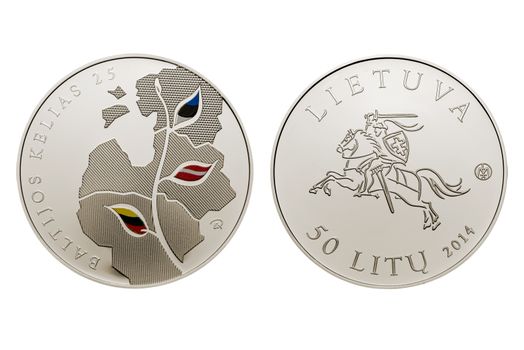 LITHUANIA, 2013:  25 litas coin dedicated to the 25th anniversary of the Baltic Way 