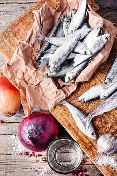 Dried whitebait at the newspaper,a shot of vodka,and onions.Top view