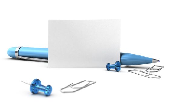 Blank business card with a blue pen, thumbtack and paperclips over white, 3D render