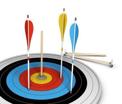 Conceptual image of an outsider, with one basic wooden arrow hitting the center of a target.