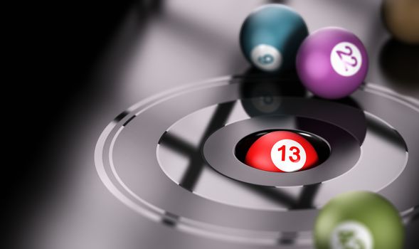 Gambling concept, chance and number thirteen. One ball with the number 13 inside a hole with other balls around it. Conceptual 3D render image