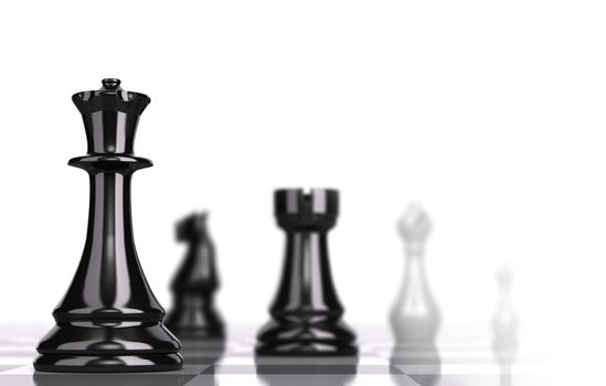 Chessboard with black and white pieces over white background and focus one the queen with blur effect, concept for business strategy