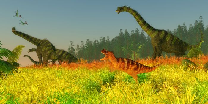 Two Pterodactylus reptiles fly over a herd of Brachiosaurus sauropod dinosaurs as they keep a wary eye on a Ceratosaurus carnivore.