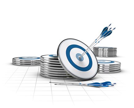 Conceptual image for marketing or business purpose over white background. Three arrows hitting the center of a target with many targets stacked around, blue tone and perspective lines.