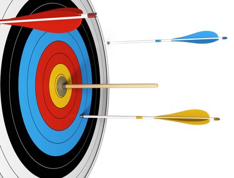 Conceptual image of an outsider, with one basic wooden arrow hitting the center of a target.