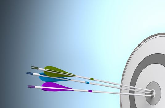 Three arrows hitting the center of a target. Image over a blue background with free space for text