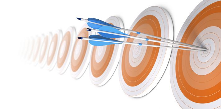 Many orange targets in a row, three blue arrows hits the first one in the center, white background