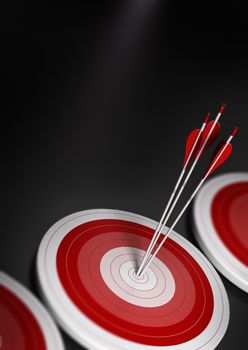 many blue targets and three arrows reaching the center of the first one, image with blur effect, A4 vertical format.  Target market, strategic marketing or business competitive advantage concept.